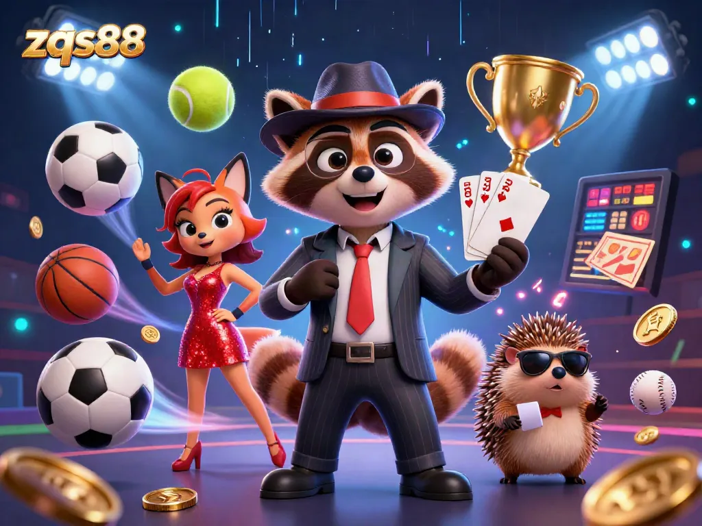 Experience the thrill of zqs88 gaming with a lively casino scene featuring a raccoon, fox lady, and hedgehog bouncer.