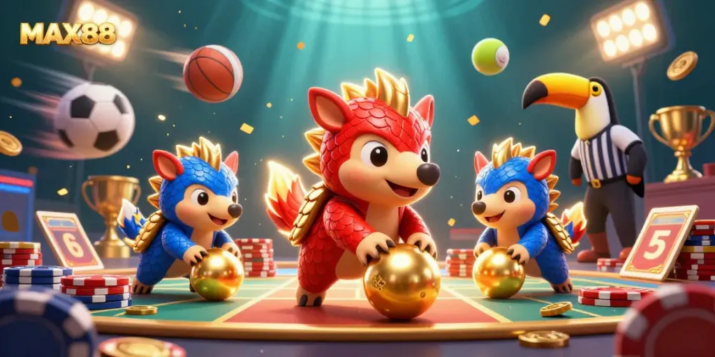 Experience MAX88 excitement with rival pangolins bowling through chips, packed with vibrant gaming elements.