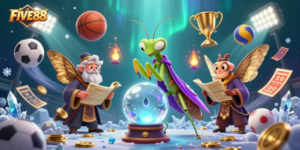 Experience the thrill of FIVE88 with vibrant sports and casino elements in a mystical scene.