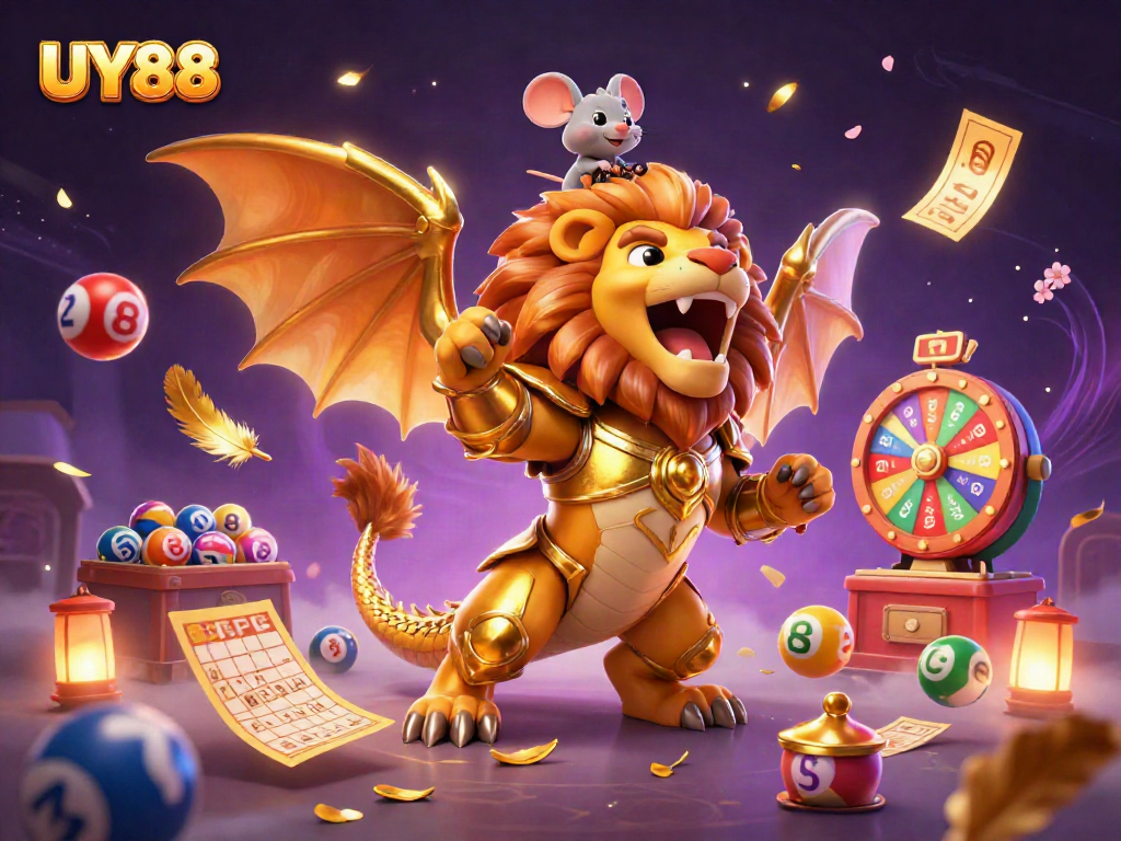 Experience the thrilling UY88 casino world with a roaring chimera and vibrant gaming elements.