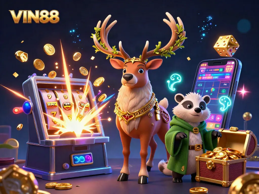 Experience thrilling wins at VIN88 with a vibrant 3D illustration showcasing dynamic casino elements.