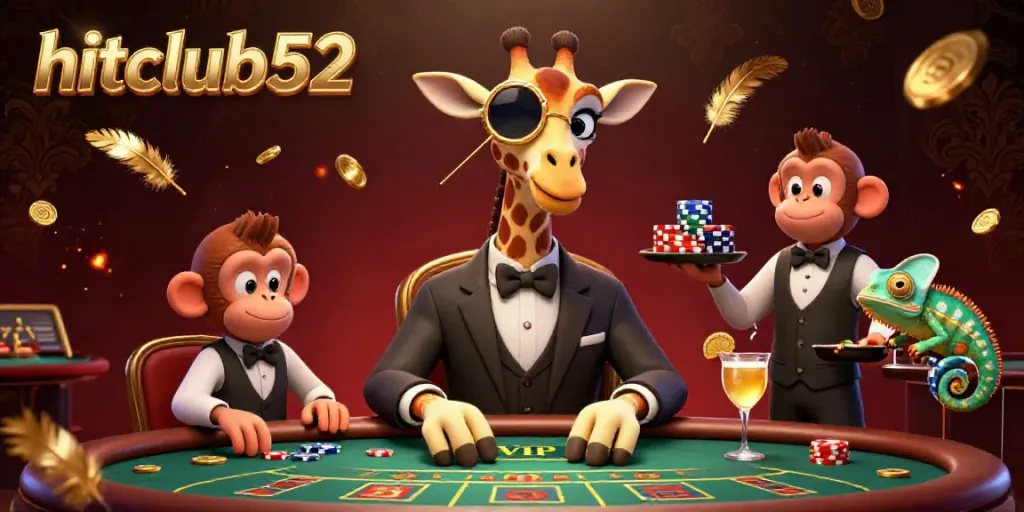 Join the fun at hitclub52 with a high-roller giraffe and dynamic casino elements in a vibrant game night.