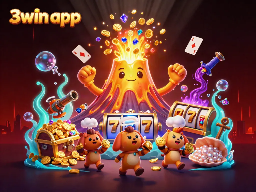 Collect treasures with the 3win app in an exciting winnings scene showcasing a golden volcano eruption.