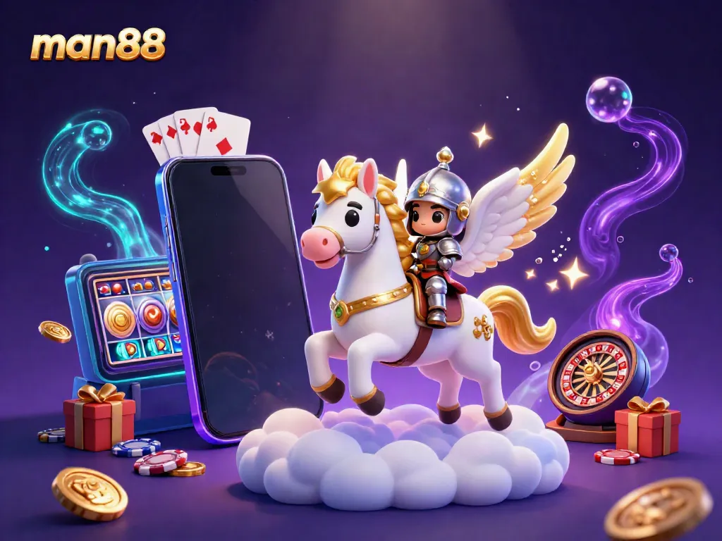 Experience exciting wins at man88 with a vibrant scene of a celestial horse and gaming elements in action.