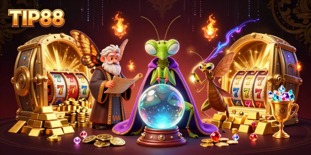Experience the excitement of TIP88 with vibrant slot reels, treasures, and fortune tellers in this dazzling illustration.