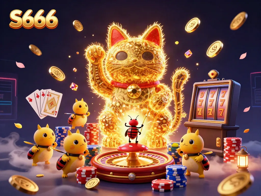 Experience the vibrant S666 casino world with golden fireflies and exciting game elements.