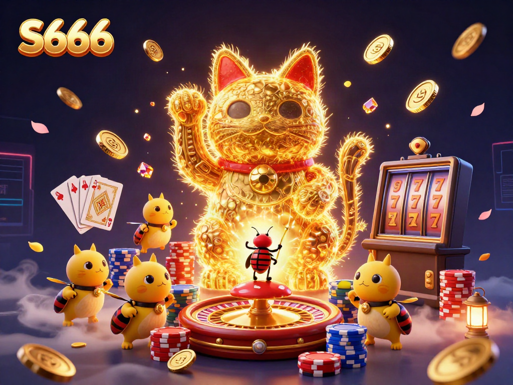 Experience the vibrant S666 casino world with golden fireflies and exciting game elements.