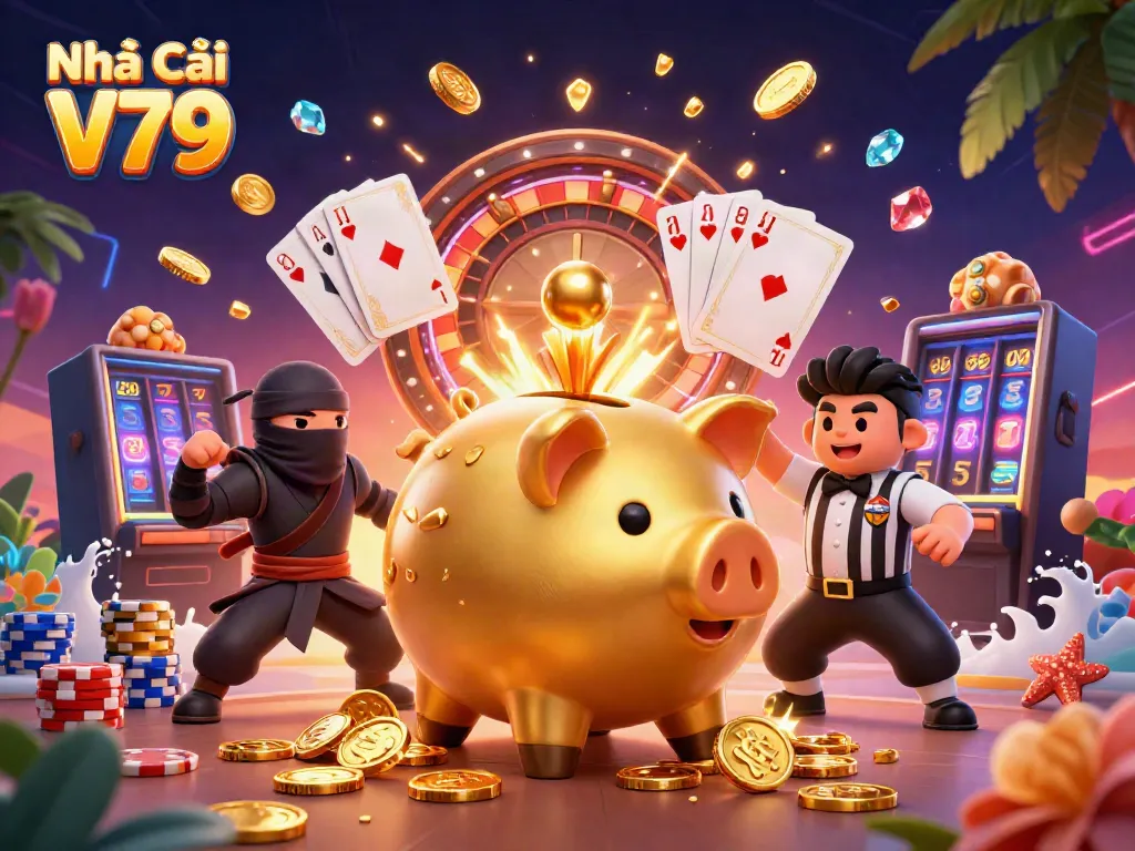 Engage with Nhà cái V79 in a vibrant, animated casino scene featuring a golden piggy bank sumo wrestler.