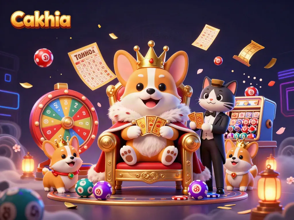Cakhia celebrates gaming with vibrant casino visuals and betting excitement, featuring royal corgis and colorful lottery elements.