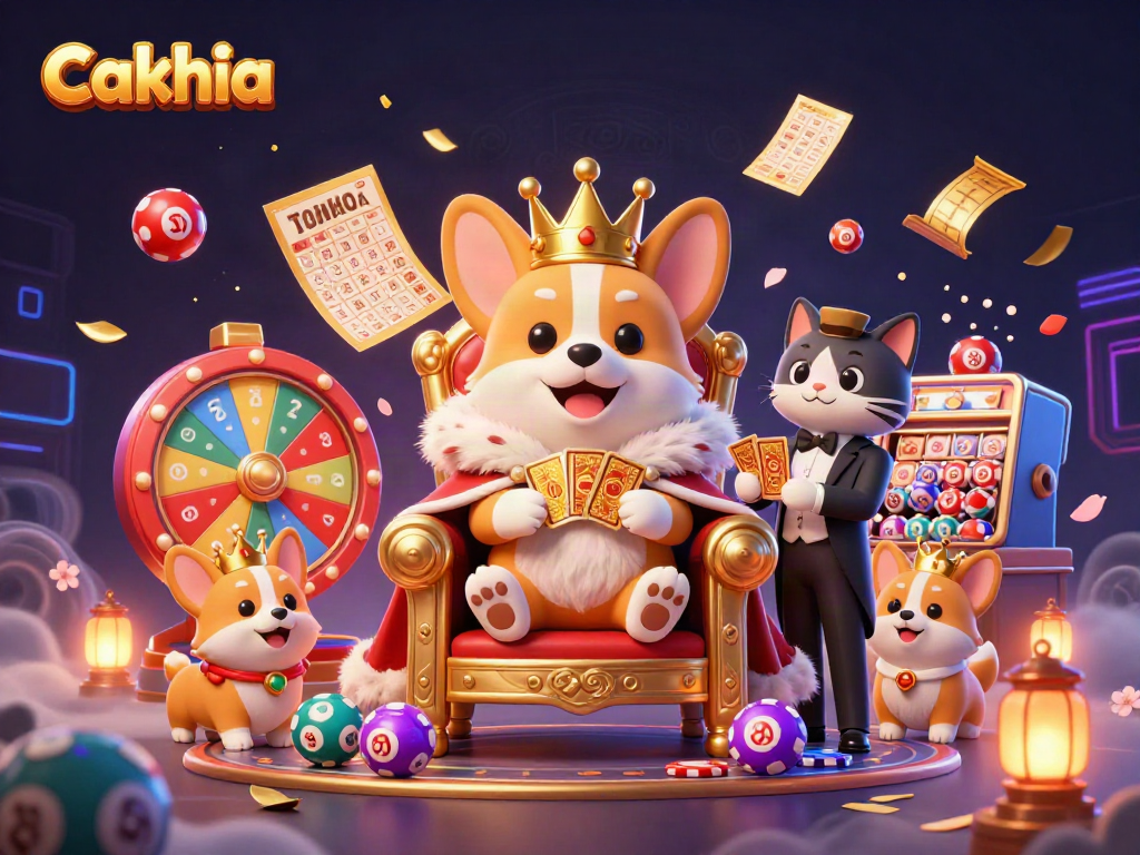 Cakhia celebrates gaming with vibrant casino visuals and betting excitement, featuring royal corgis and colorful lottery elements.