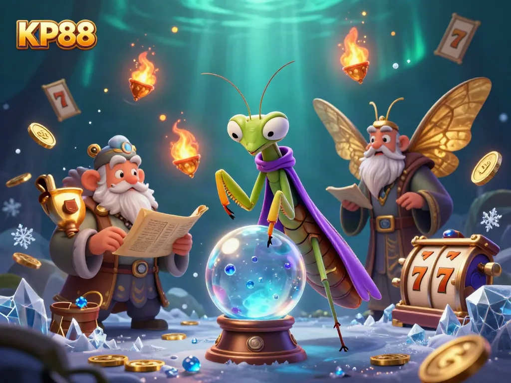 Experience the thrilling world of KP88 with a vibrant 3D casino scene featuring a fortune teller and dynamic gaming elements.