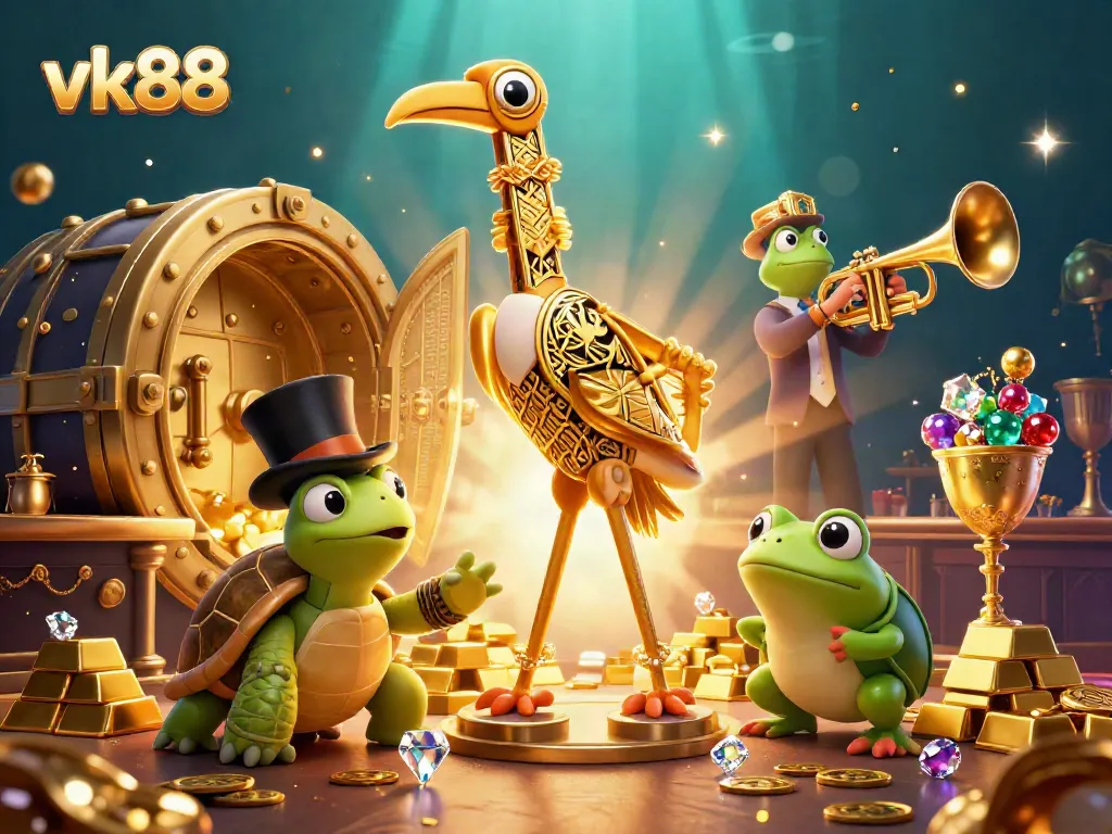 Engage with vk88 through a vibrant casino scene featuring eclectic characters and treasure elements.