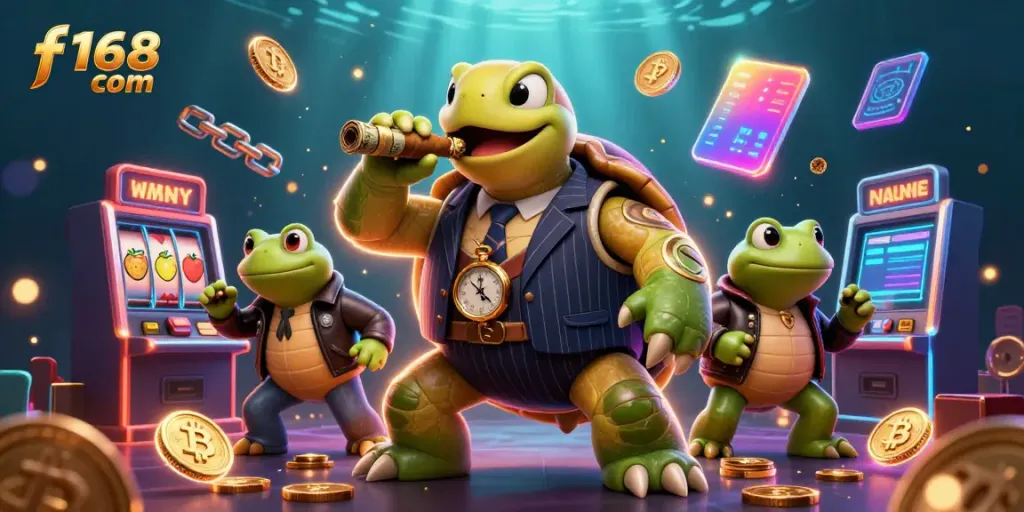 Engage in thrilling adventures at f168 com with animated characters, slot machines, and crypto elements.