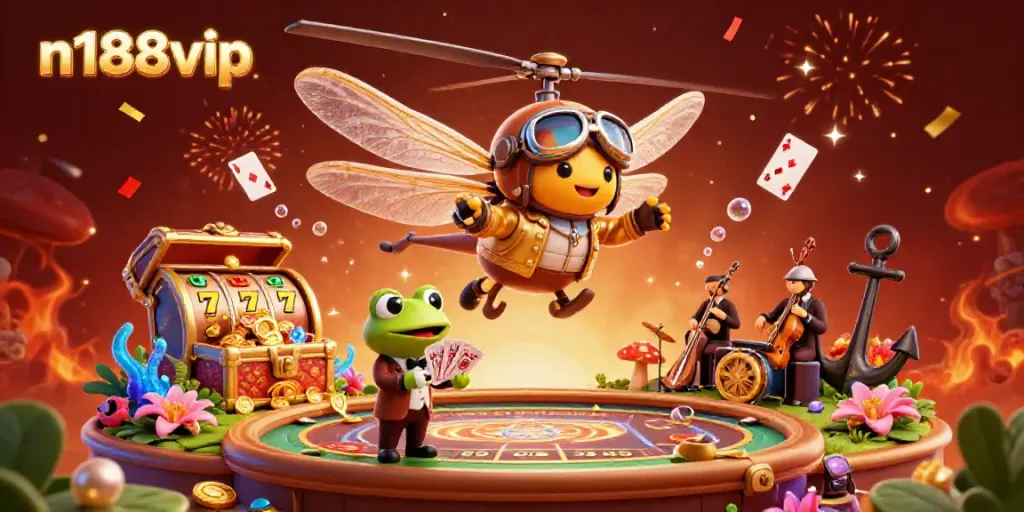 Experience thrilling gaming moments with n188vip's animated casino illustration featuring a frog croupier and vibrant slot reels.