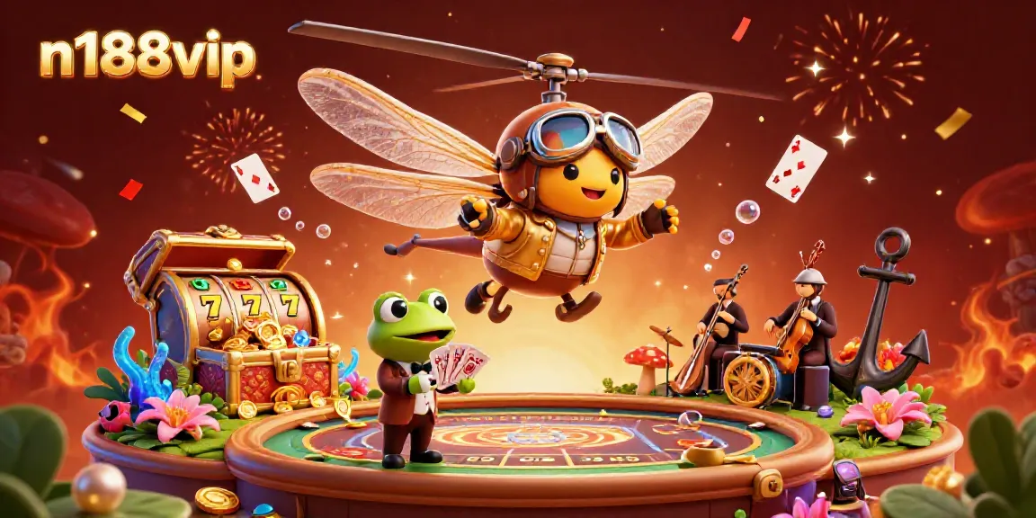 Experience thrilling gaming moments with n188vip's animated casino illustration featuring a frog croupier and vibrant slot reels.