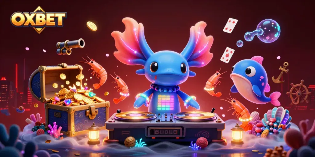 Experience the vibrant world of OXBET with a neon axolotl DJ amidst gold coins and colorful gems.