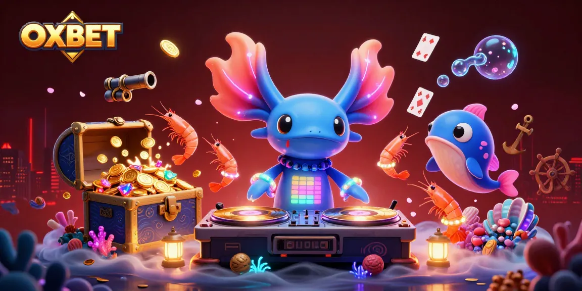 Experience the vibrant world of OXBET with a neon axolotl DJ amidst gold coins and colorful gems.