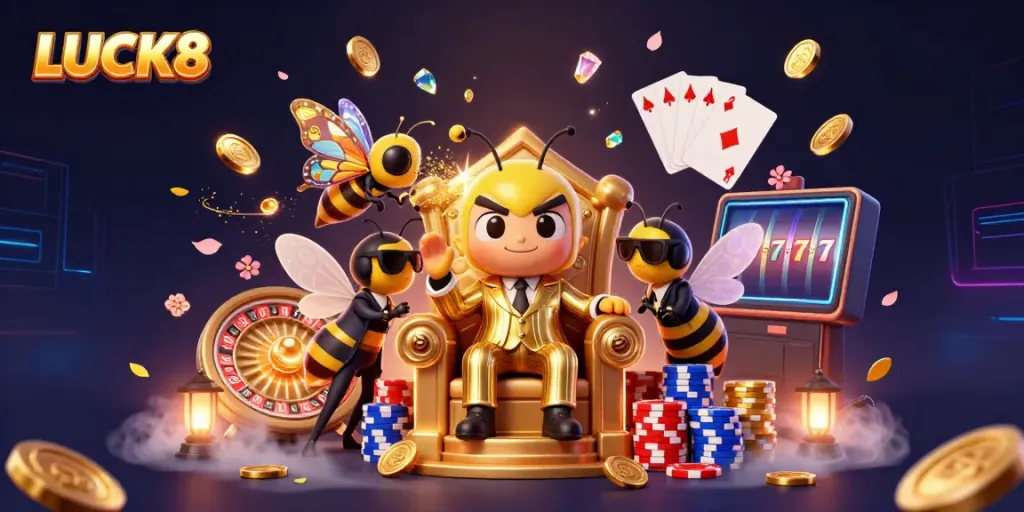 LUCK8 presents a vibrant casino scene featuring a cartoon bumblebee mob boss with sparkling coins and a roulette wheel.